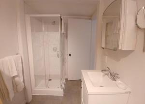 a white bathroom with a shower and a sink at Auberge de la rive de Charlevoix - Auberge de jeunesse familiale pour voyageurs de tous âges in Saint-Joseph-de-la-Rive
