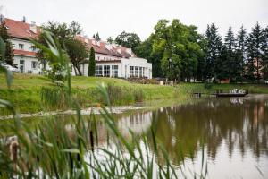- une vue sur un lac en face d'un bâtiment dans l'établissement Zamek w Baranowie Sandomierskim, à Baranów Sandomierski