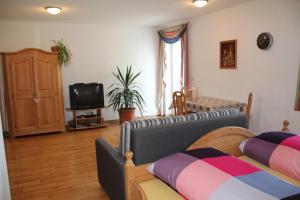 ein Wohnzimmer mit einem Sofa und einem TV in der Unterkunft Pension & Ferienwohnung Breitmoser Angelika in Riedenburg