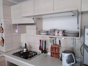 a kitchen with a stove and some plates and utensils at Laguna Vista in Algarrobo