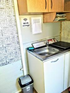 una cucina con lavandino e cestino di Two Rooms Cabin House (Self Check-In) a Bucarest