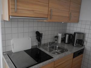 uma cozinha com um lavatório e uma bancada em Appartementhaus Eiergrogstube em Helgoland