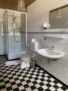a bathroom with a toilet and a sink and a shower at Hotel Reuter in Haiger