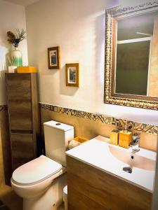 a bathroom with a toilet and a sink and a mirror at Confort Nordico Aranjuez con garaje y Netflix in Aranjuez