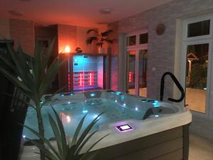 uma casa de banho com jacuzzi com uma planta em Tó- Party Panoráma Panzió & Wellness em Kiszombor