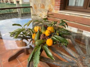 un ramo de naranjas sobre una mesa de cristal en Apartamentos rurales la Aguilera, en Oviñana