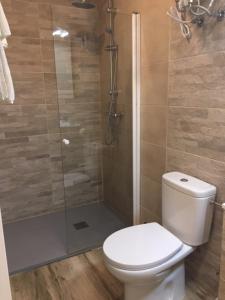 a bathroom with a toilet and a shower at Rooms H Skyline in Alcorcón
