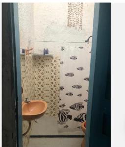 La salle de bains est pourvue d'une douche et d'un lavabo. dans l'établissement Casa de praia rústica, à Luis Correia