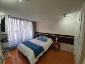 Home Valdivia Providencia في سانتياغو: غرفة نوم عليها سرير ومخدات زرقاء