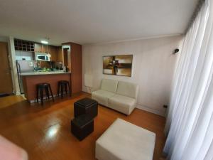 sala de estar con sofá y cocina en Home Valdivia Providencia, en Santiago