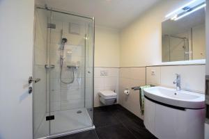 a bathroom with a shower and a sink and a toilet at Meeresblick-Strandperle-Haus-2-WE-24 in Hohwacht +19 photos