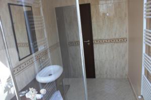 a bathroom with a sink and a glass shower door at Silva House in Deva