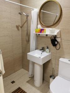ein Badezimmer mit einem Waschbecken, einem Spiegel und einem WC in der Unterkunft BHA unit 5 in Perth