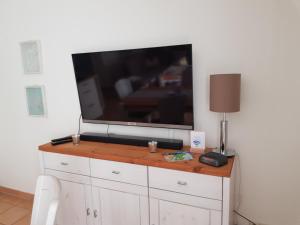 a flat screen tv on a white wall at Ferienwohnung 7 Katharina mit Balkon in Lauterbach