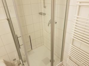 een douche met een glazen deur in een badkamer bij Ferienwohnung 7 Katharina mit Balkon in Lauterbach