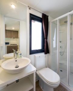 a bathroom with a sink and a toilet and a shower at Fornella Camping & Wellness family resort in San Felice del Benaco