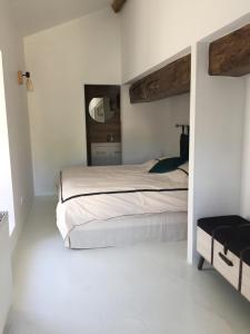 a bedroom with a large bed and a mirror at La Maison BellecOur in Vaudelnay