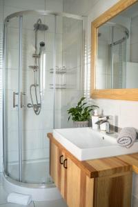 a bathroom with a sink and a shower at Dziadek Władek in Zakopane