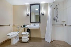 La salle de bains est pourvue de toilettes, d'un lavabo et d'une douche. dans l'établissement Clarion Hotel Conference Center - North, à Lexington
