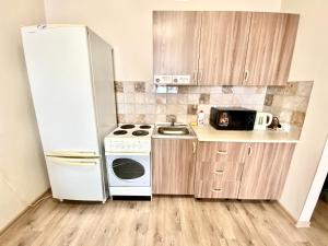 a kitchen with a white refrigerator and a sink at Молодежная 136, ЦЕНТР города ЖК JAZZ in Barnaul
