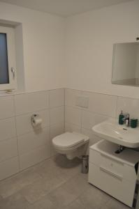 a white bathroom with a toilet and a sink at Appartment an der Wühle in Weilheim an der Teck