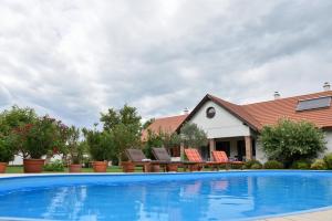 a swimming pool with two chairs and a house at Kamillaház in Poroszló