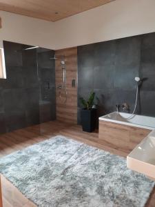 a bathroom with a shower and a tub and a sink at Alpha Apartment in Schröcken