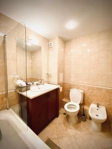 a bathroom with a toilet and a sink and a shower at Sea Bay View Apartment in Topola