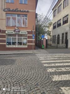 une rue pavée en face d'un bâtiment dans l'établissement Apartments Domovik Korzo, à Moukatcheve