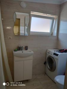 uma casa de banho com uma máquina de lavar roupa e um lavatório em Apartments Domovik Korzo em Mukachevo
