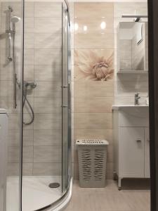 La salle de bains est pourvue d'une douche, de toilettes et d'un lavabo. dans l'établissement Exclusive Home - D. apartman, à Pécs