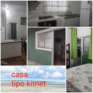 a collage of photos of a kitchen and a kitchen at Recanto in Mongaguá