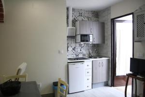 a kitchen with a white refrigerator and a microwave at Apts la cañada birding con encanto y patio en monfrague torrejon el Rubio in Torrejón el Rubio