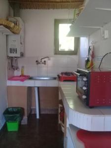 una pequeña cocina con fregadero y microondas en Cabaña El Cardón,casita en el campo quebradeño en Humahuaca