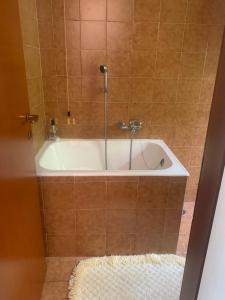 a bath tub with a shower in a bathroom at Green Apartment in Albavilla