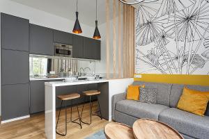 una cucina e un soggiorno con divano e tavolo di Superb Mini Loft close Montmartre 2 people a Parigi