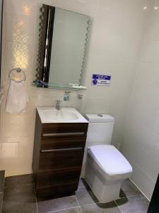 a bathroom with a toilet and a sink and a mirror at Hotel Classic VIP in San Andrés
