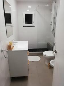 Un baño blanco con lavabo e inodoro. en Carrer Esparreguera, en Olot