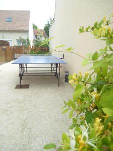 una mesa de ping pong en el patio de una casa en Gîtelabaronnaise avec piscine chauffée prés parc Asterix, en Baron
