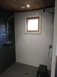 baño con ducha y ventana en Villa Saimaan Valo en Imatra