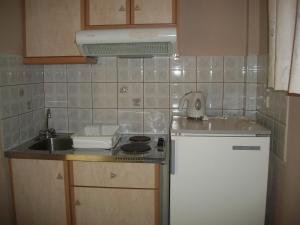 a small kitchen with a sink and a refrigerator at Ramona in Lourdata