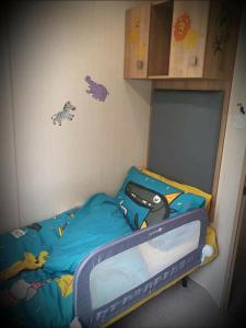 ein Kinderschlafzimmer mit einem Bett mit Zeichentrickfiguren an der Wand in der Unterkunft Tattershall lakes Family Holiday in Lincolnshire