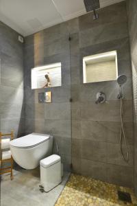 y baño con aseo y ducha. en Villa Marenosta, en Ermoupoli