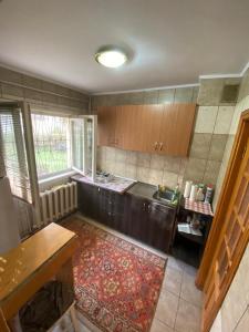 una cocina con armarios de madera y una alfombra en Apartament Slanic Moldova, en Slănic-Moldova