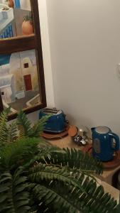 a table with two blue cups and a plant at Bienvenue chez Greg à Honfleur in Honfleur