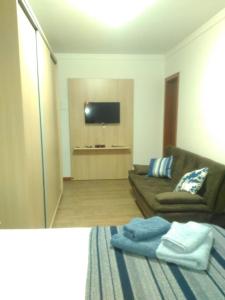 sala de estar con sofá y TV de pantalla plana en Apartamento no bairro de Mariscal a 300 metros praia do Canto Grande, en Bombinhas