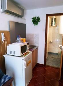 uma cozinha com um micro-ondas em cima de um frigorífico em Kata Apartman em Sátoraljaújhely