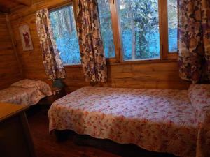 1 dormitorio con 2 camas y ventanas en una cabaña de madera en Las Terrazas Resort & Apart-Cabañas en La Falda
