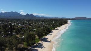 Waimanaloにあるワイマナロ ビーチ コテージの木々と海の海岸の空中風景