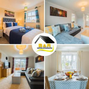 a collage of pictures of a bedroom and a living room at Javelin House- B and R Serviced Accommodation Amesbury, 3 Bed Detached House with Free Parking, Super Fast Wi-Fi and 4K Smart TV in Amesbury